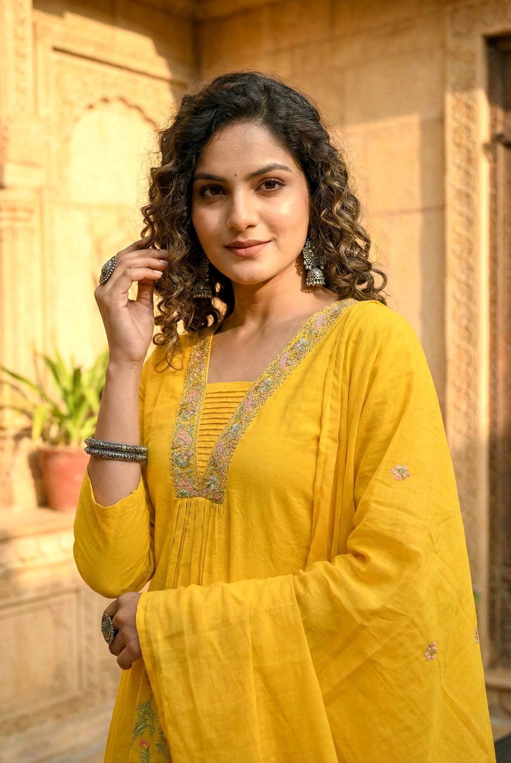 Mustard Cotton Sequins And Hand Embroidered Three Piece Set - Image 5