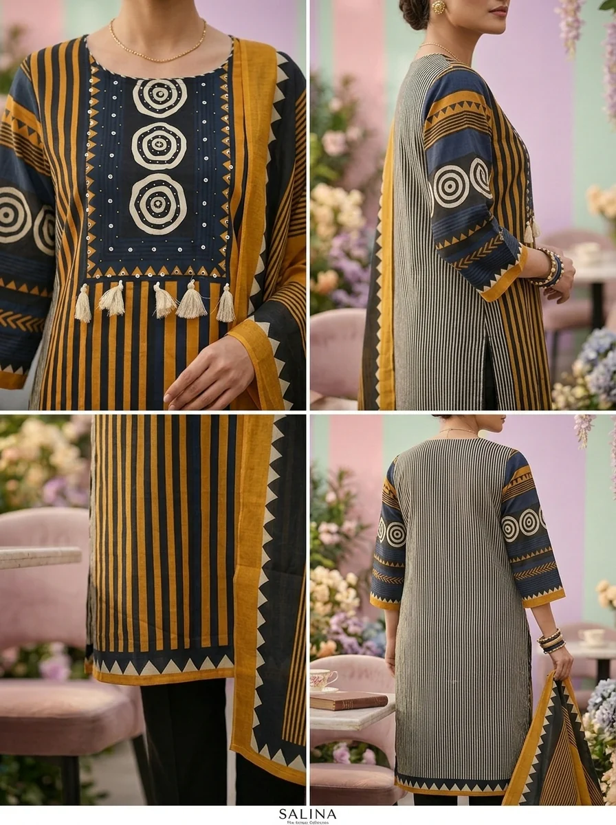 Mustard Cotton Striped Printed Three Piece Set - Image 3