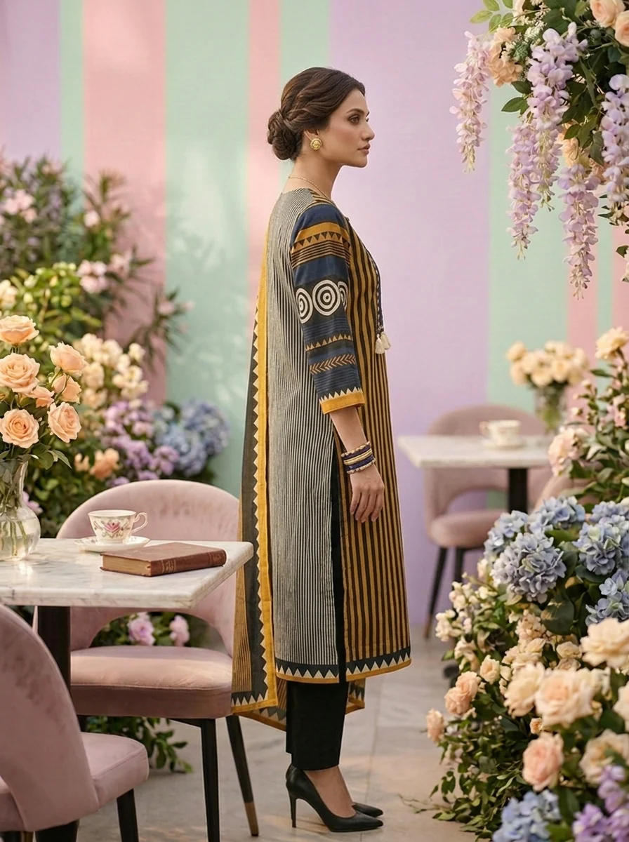 Mustard Cotton Striped Printed Three Piece Set - Image 4