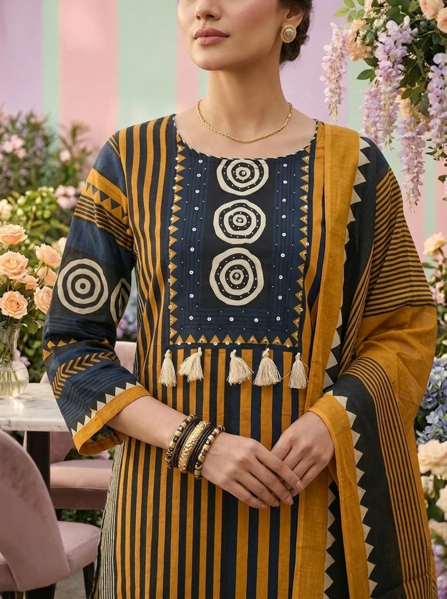 Mustard Cotton Striped Printed Three Piece Set - Image 5