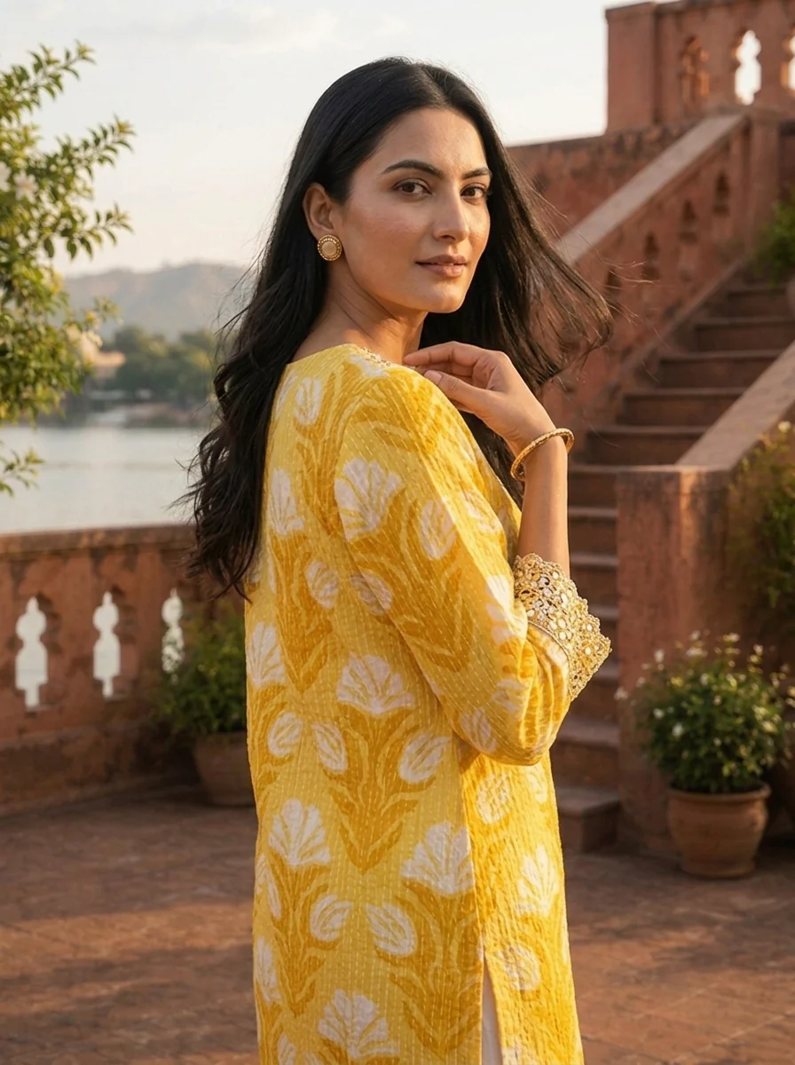 Mustard Cotton Tulip Motifs Printed Kurta - Image 4