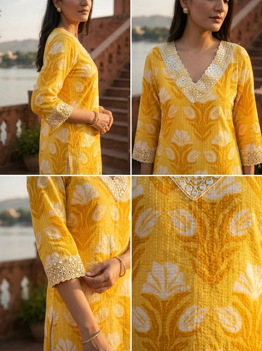Mustard Cotton Tulip Motifs Printed Kurta - Image 5