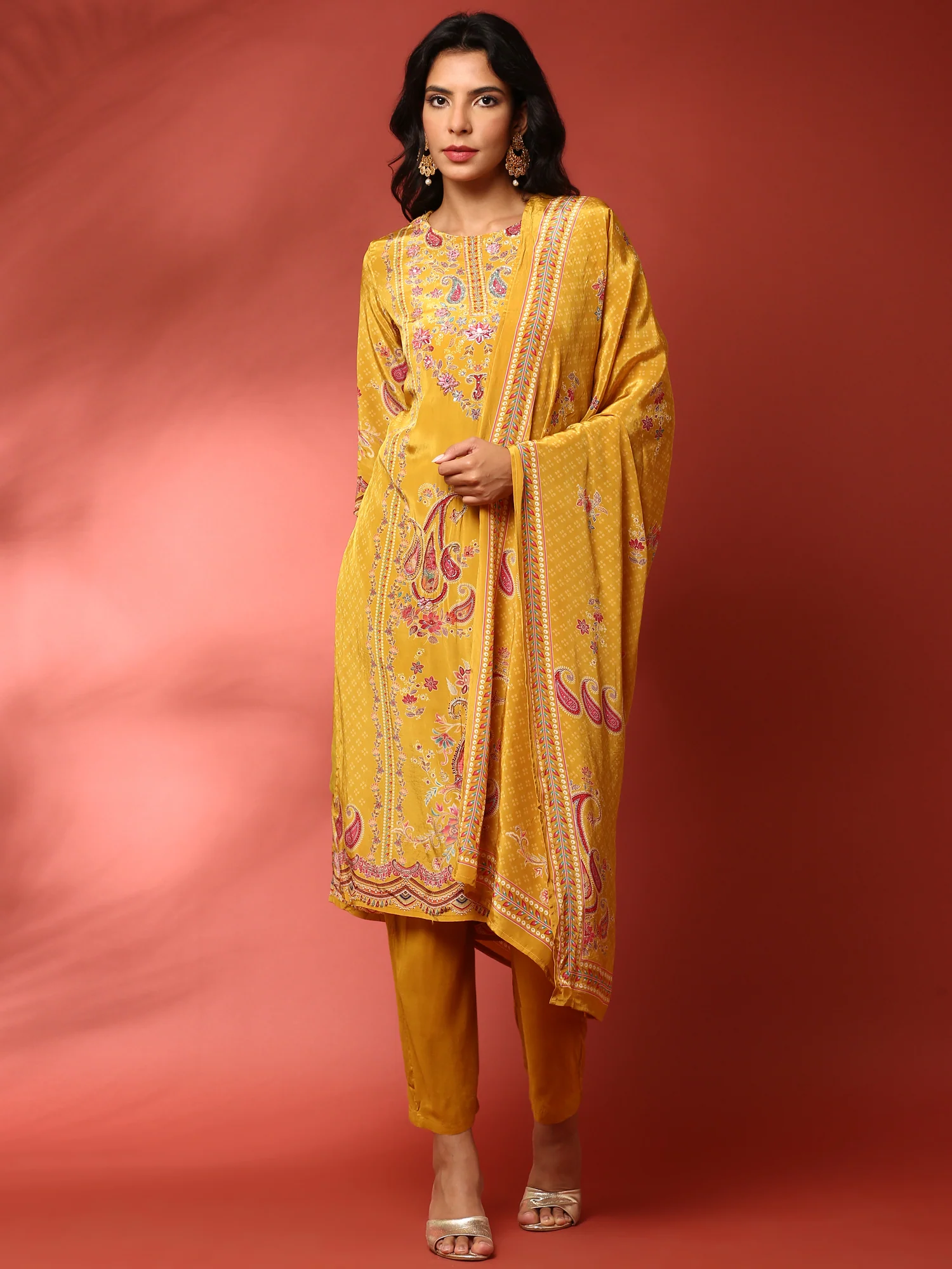 Mustard crepe embroided digital prited three piece suit set - Image 2