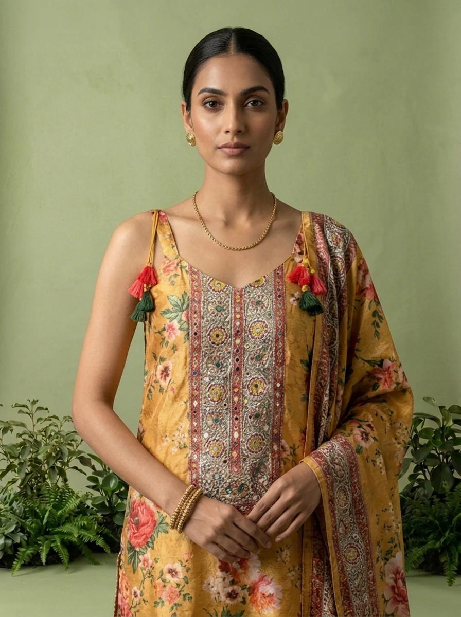 Mustard Crepe Floral Printed And Thread Embroidery Three Piece Set - Image 2