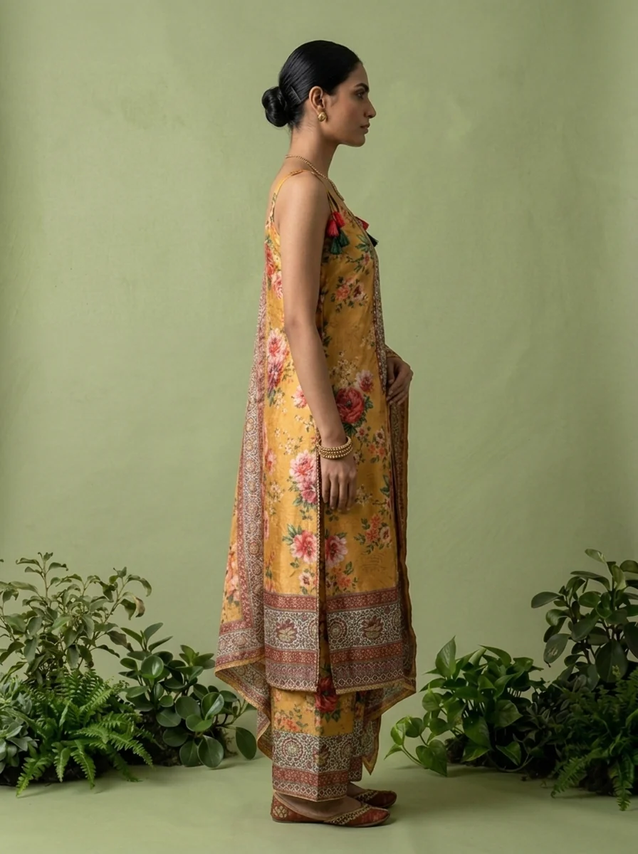 Mustard Crepe Floral Printed And Thread Embroidery Three Piece Set - Image 3