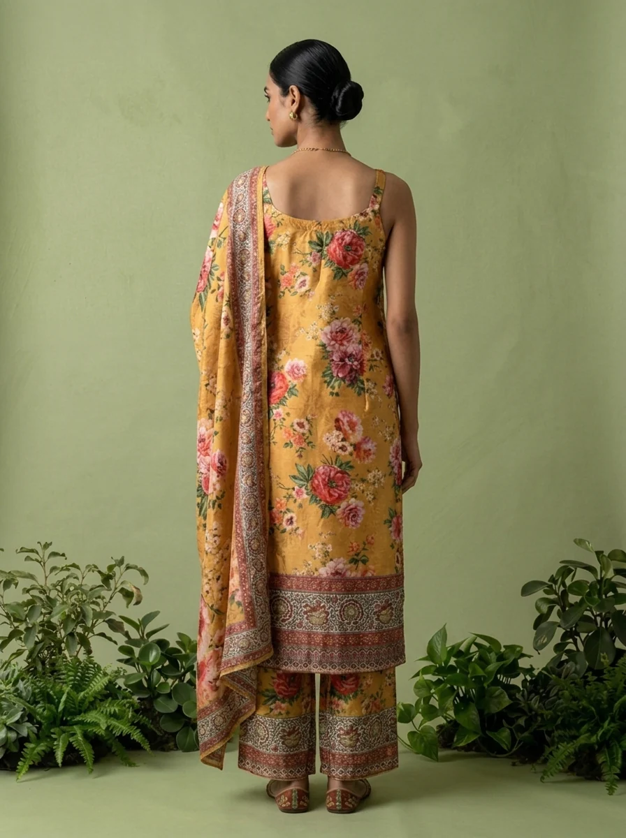 Mustard Crepe Floral Printed And Thread Embroidery Three Piece Set - Image 4