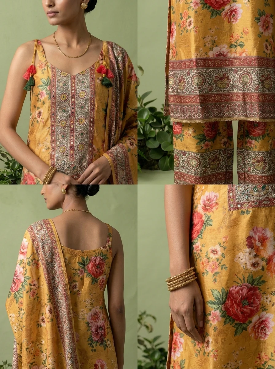 Mustard Crepe Floral Printed And Thread Embroidery Three Piece Set - Image 5