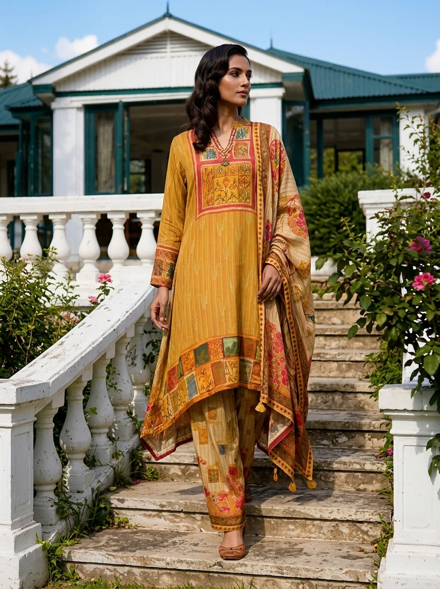 Mustard Crepe Multi Color Block Printed Three Piece Set
