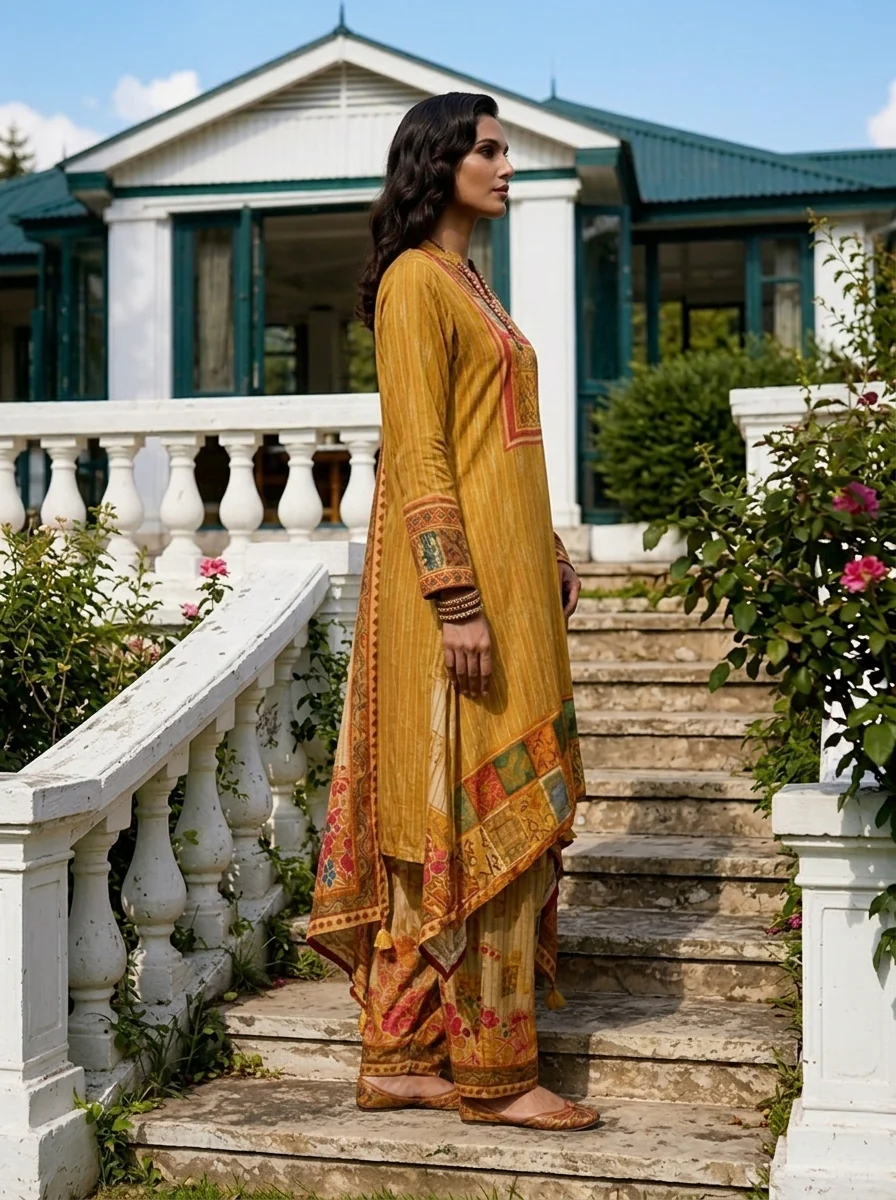 Mustard Crepe Multi Color Block Printed Three Piece Set - Image 3