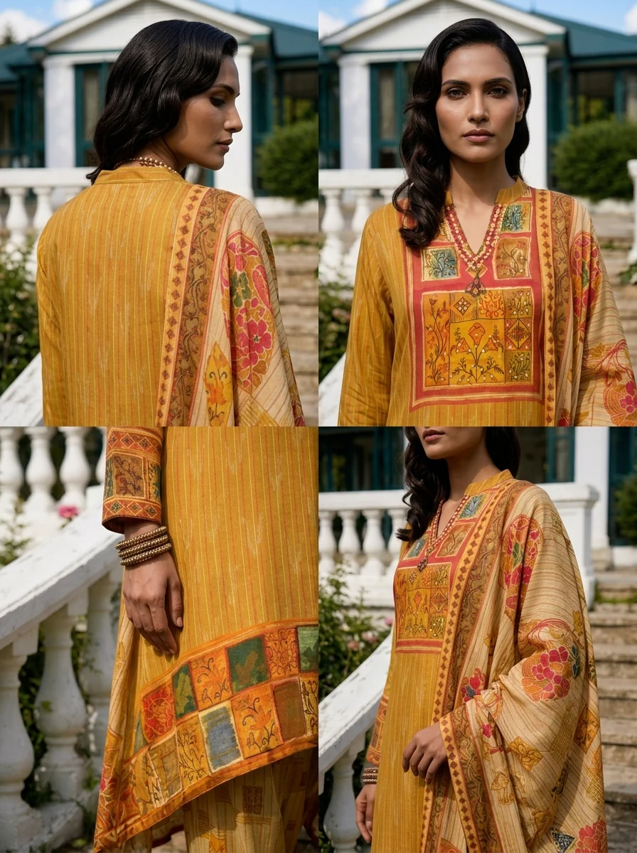 Mustard Crepe Multi Color Block Printed Three Piece Set - Image 5