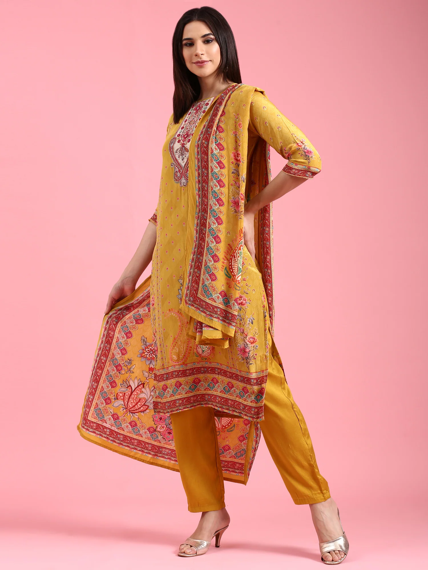 Mustard Crepe Printed Three Piece Suit Set - Image 6