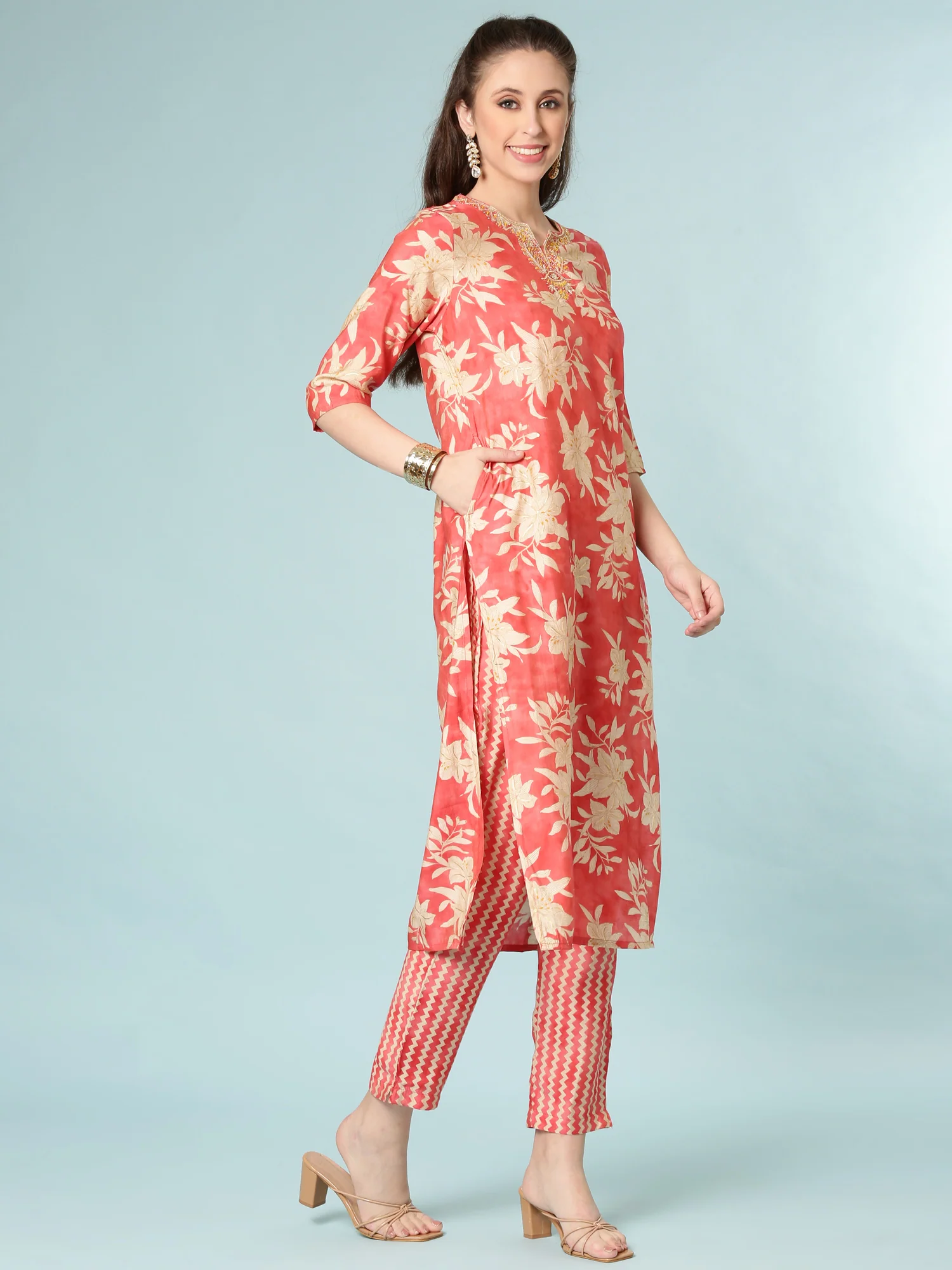 Mustard Dola Silk Floral Digital Print Three Piece Set - Image 2