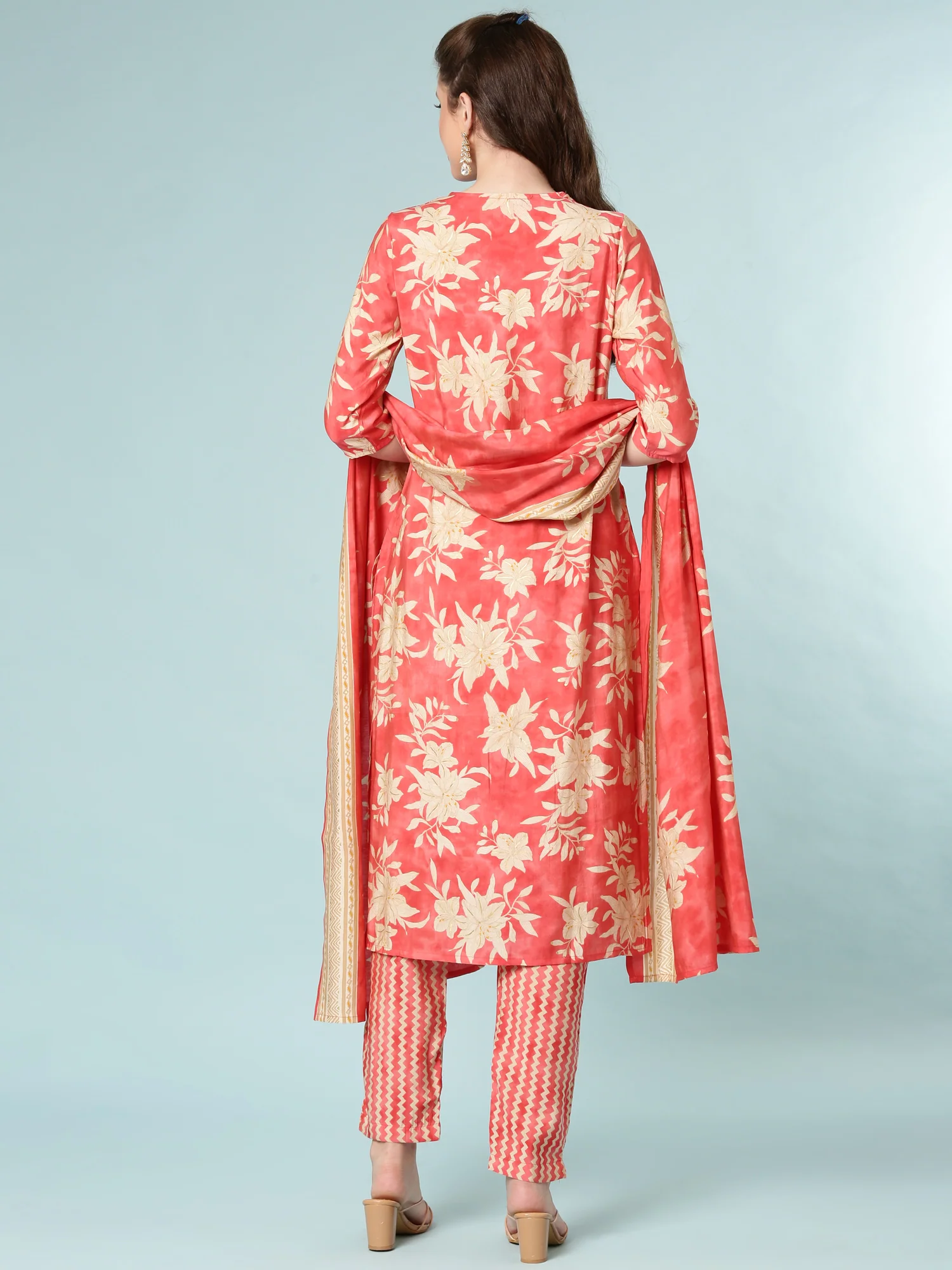 Mustard Dola Silk Floral Digital Print Three Piece Set - Image 3