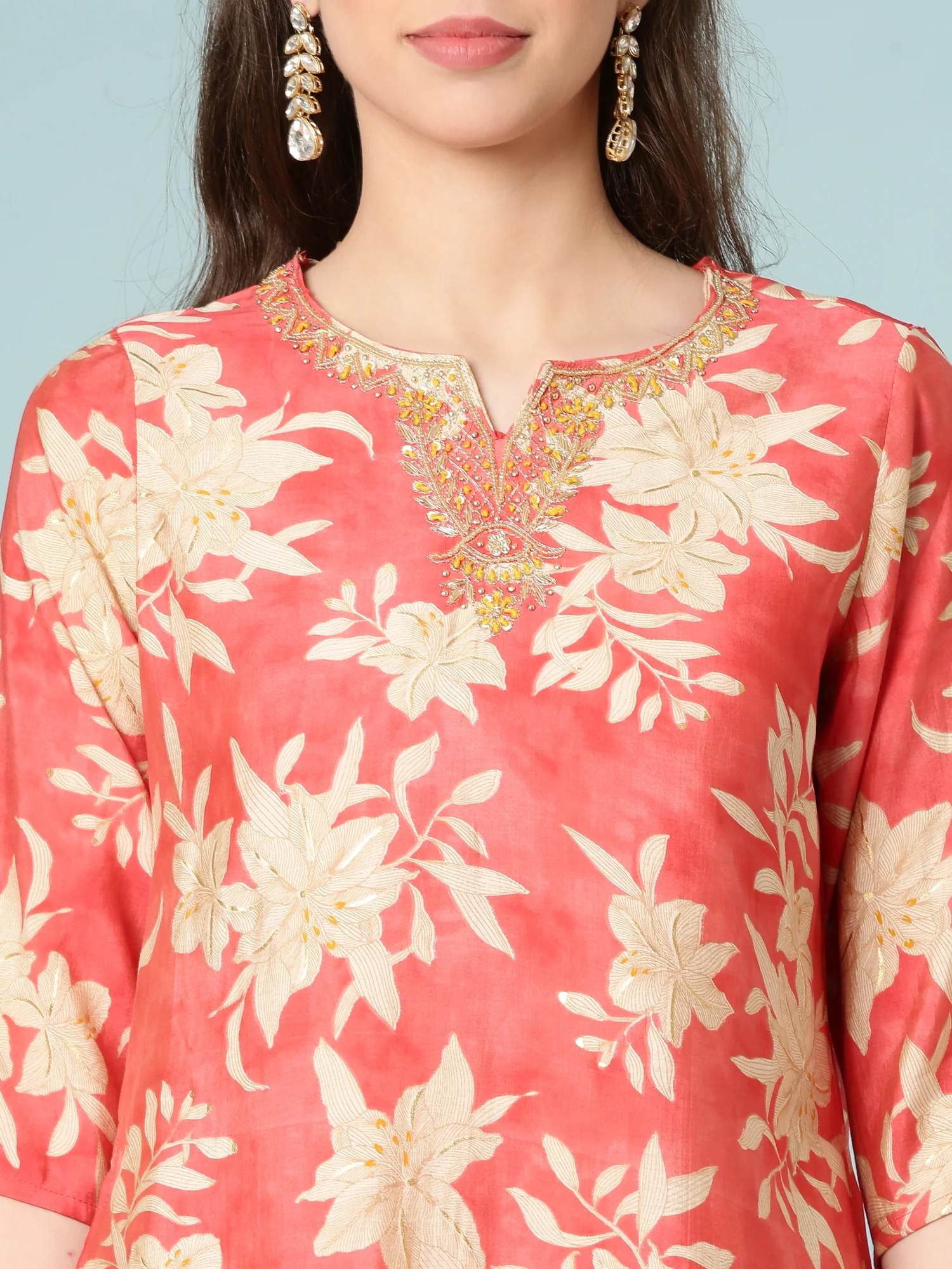 Mustard Dola Silk Floral Digital Print Three Piece Set - Image 4