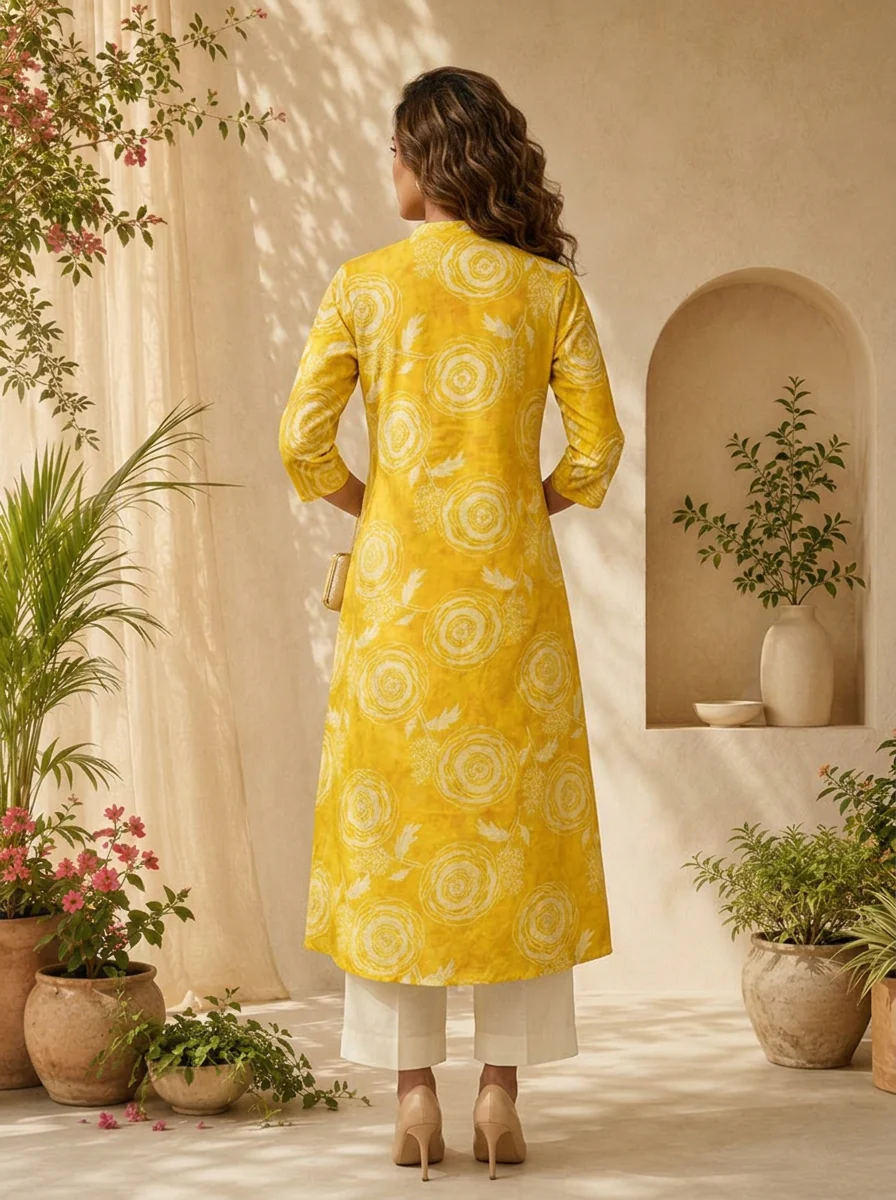 Mustard Floral Printed A-line Silk Kurta - Image 3