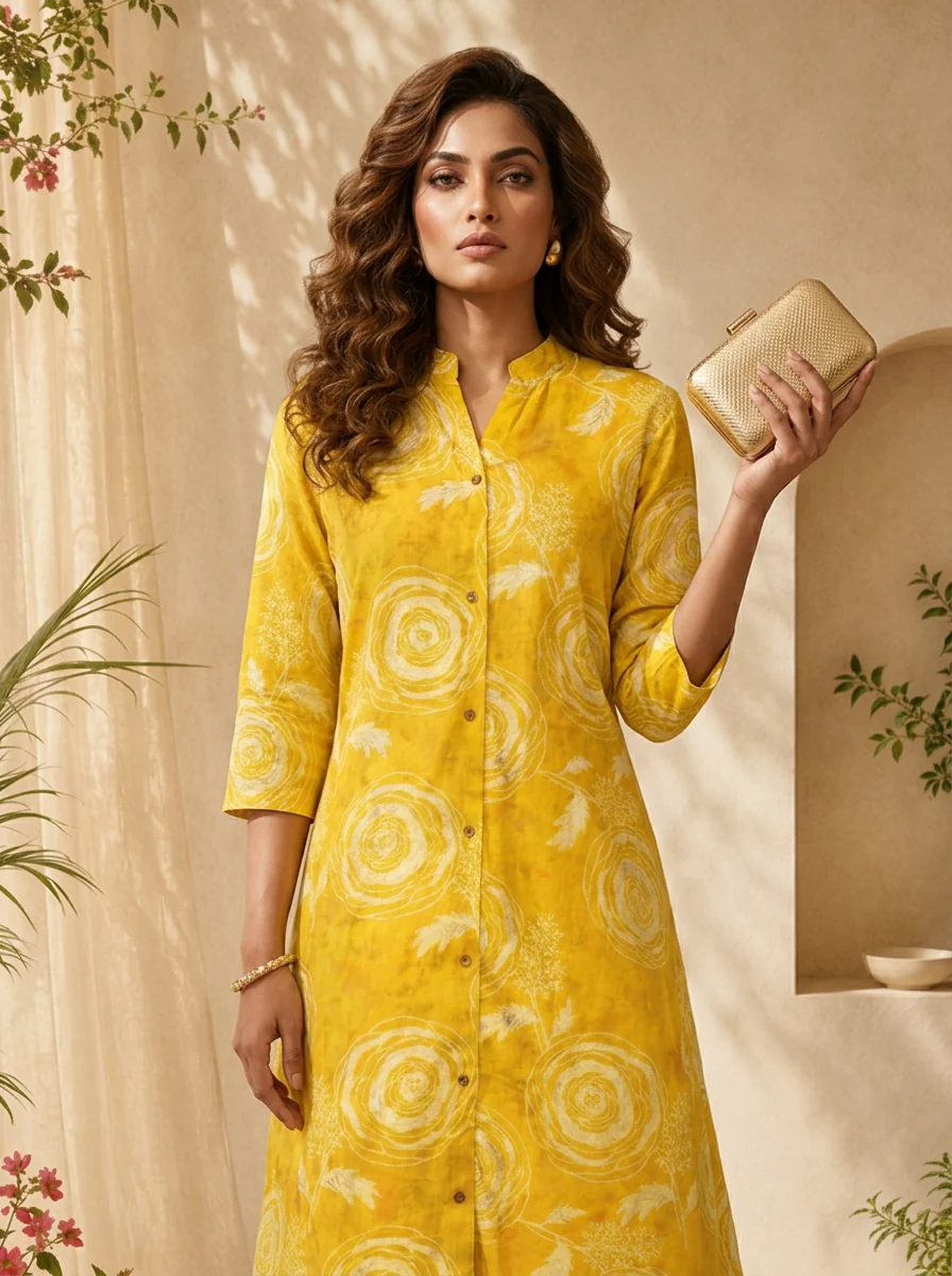 Mustard Floral Printed A-line Silk Kurta - Image 4