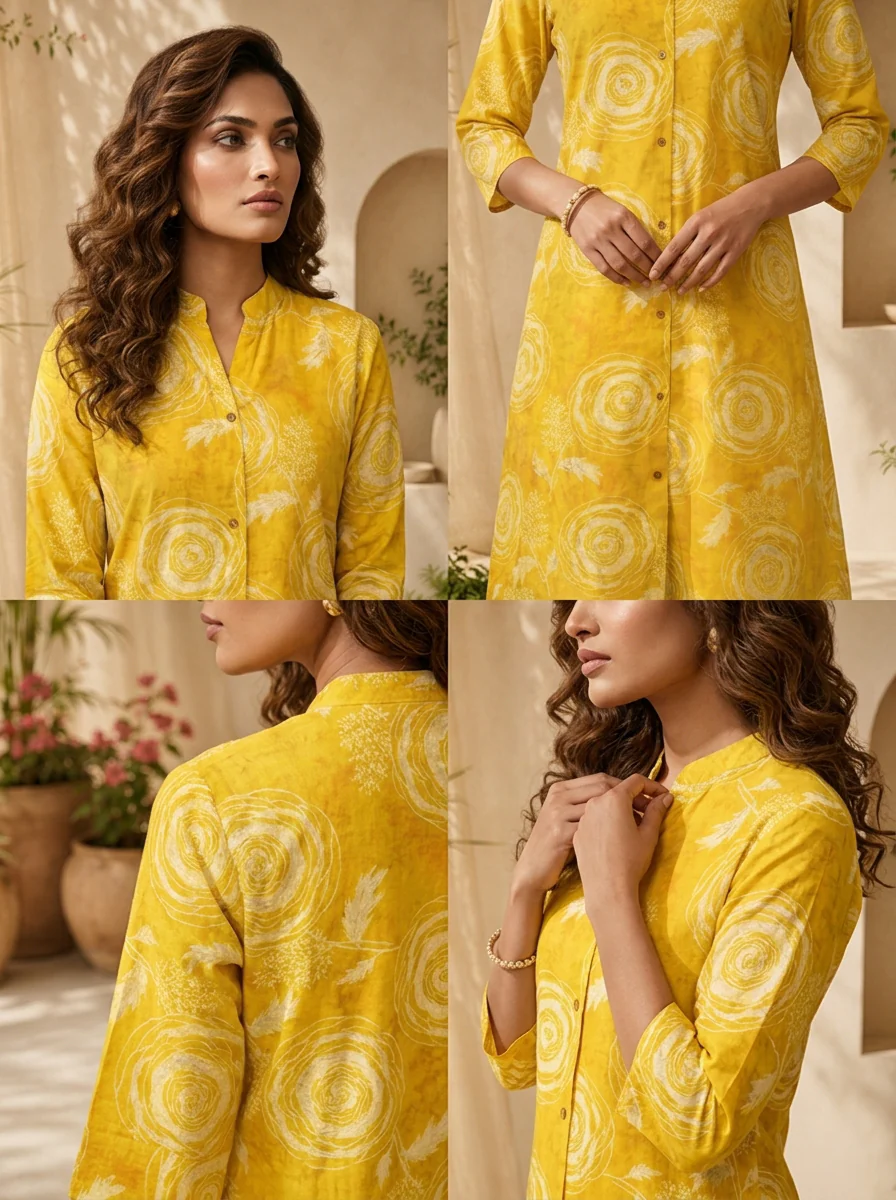 Mustard Floral Printed A-line Silk Kurta - Image 5