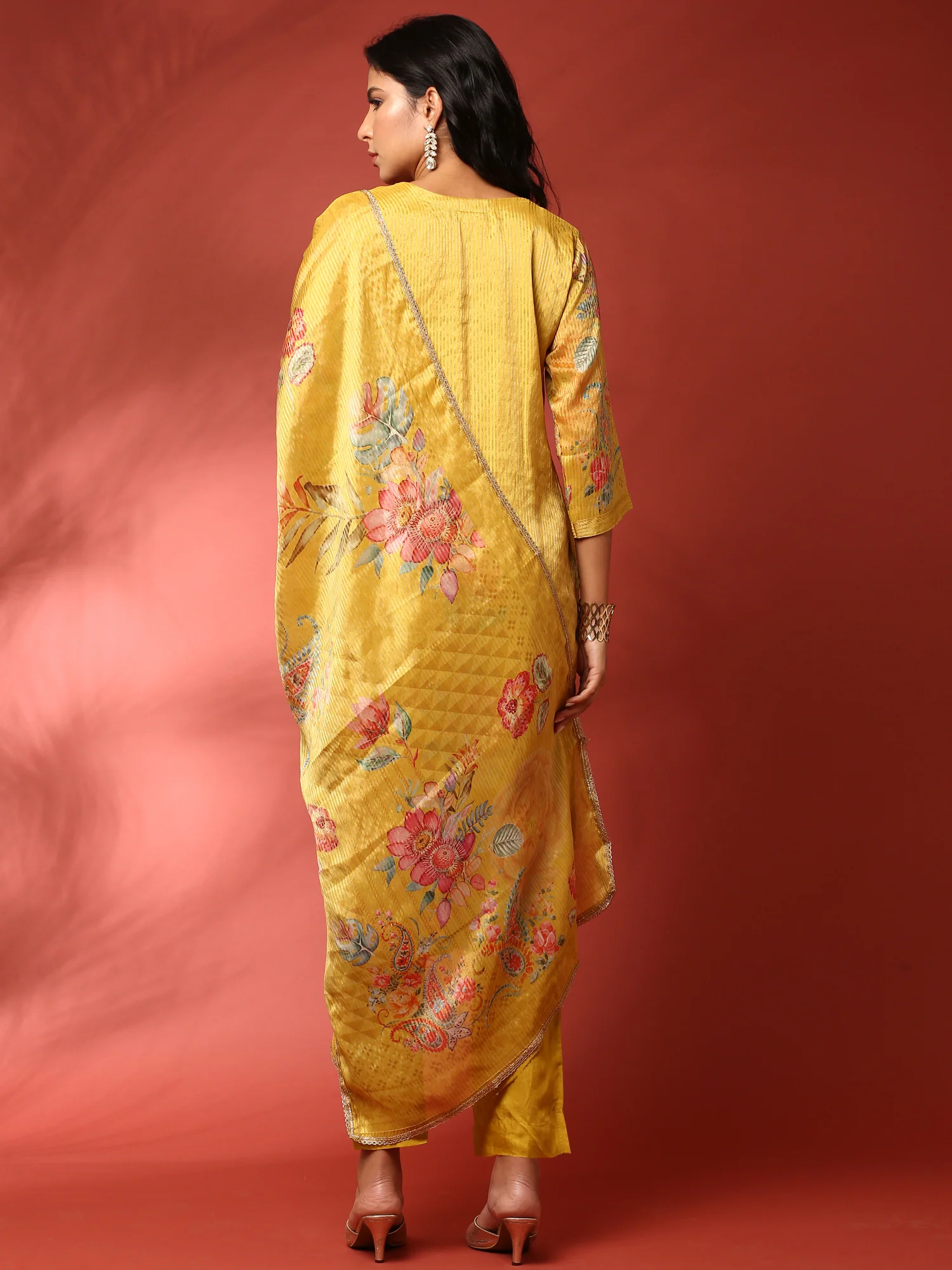 Mustard Floral printed crepe three piece suit set - Image 4