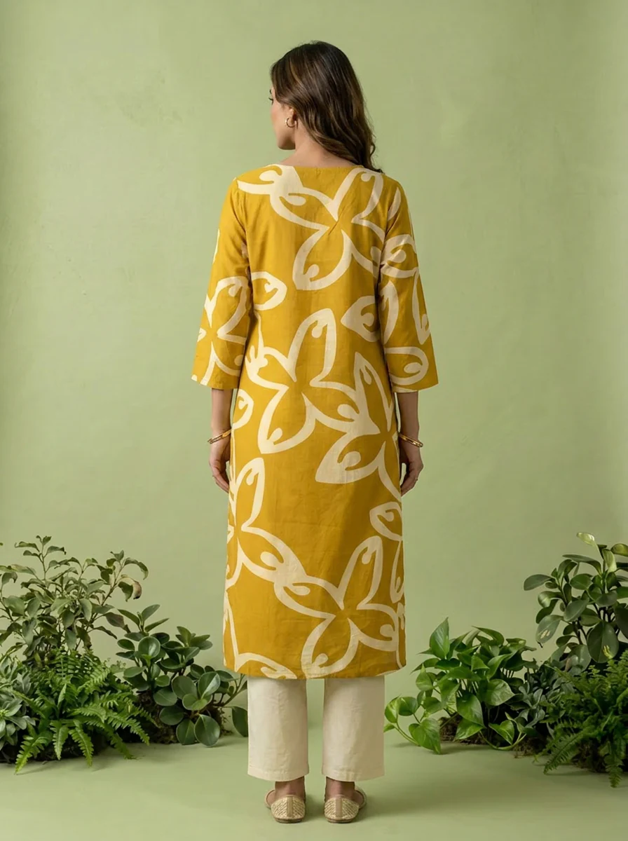 Mustard Floral Printed Silk Kurta - Image 3