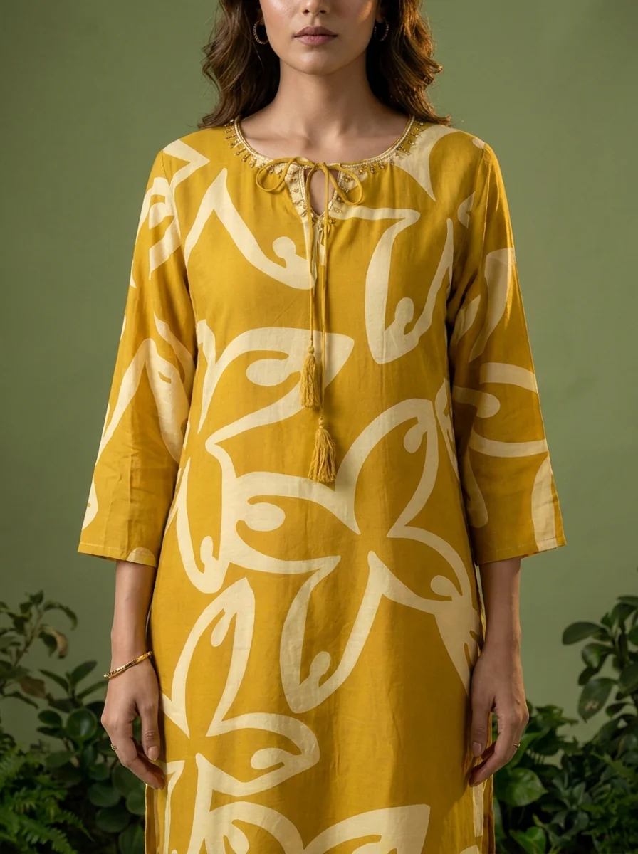Mustard Floral Printed Silk Kurta - Image 4