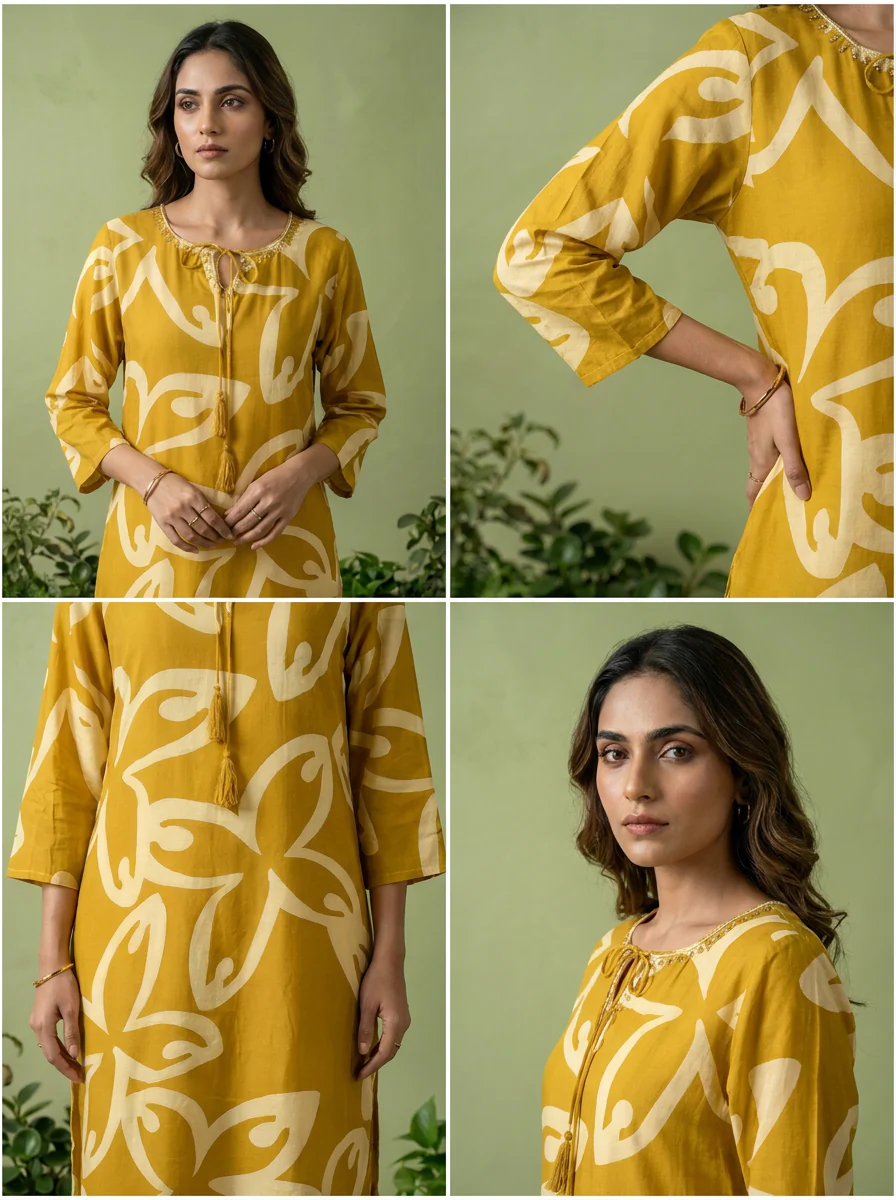 Mustard Floral Printed Silk Kurta - Image 5