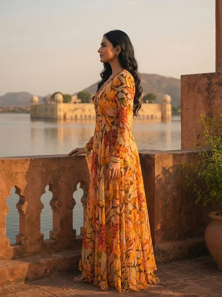 Mustard Georgette Bold Abstract Floral Printed Dress - Image 3