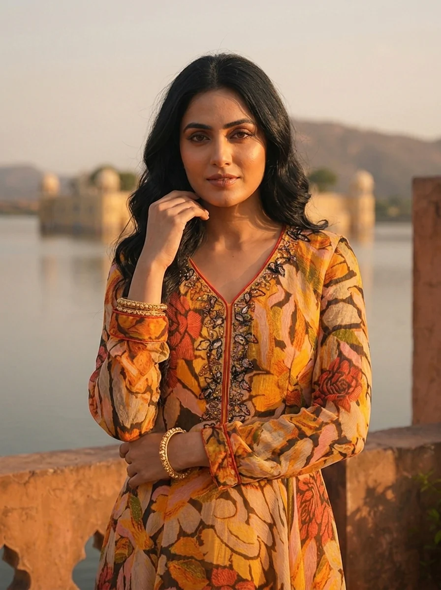 Mustard Georgette Bold Abstract Floral Printed Dress - Image 4