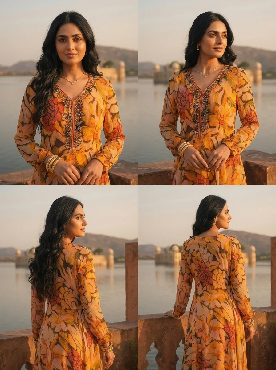 Mustard Georgette Bold Abstract Floral Printed Dress - Image 5