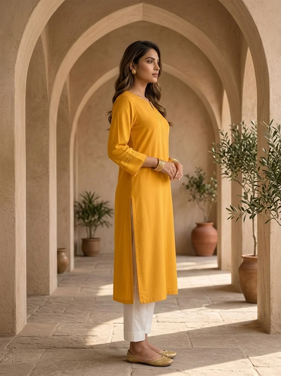 Mustard Hand Embroidery And Solid Design Chinon Kurta - Image 4