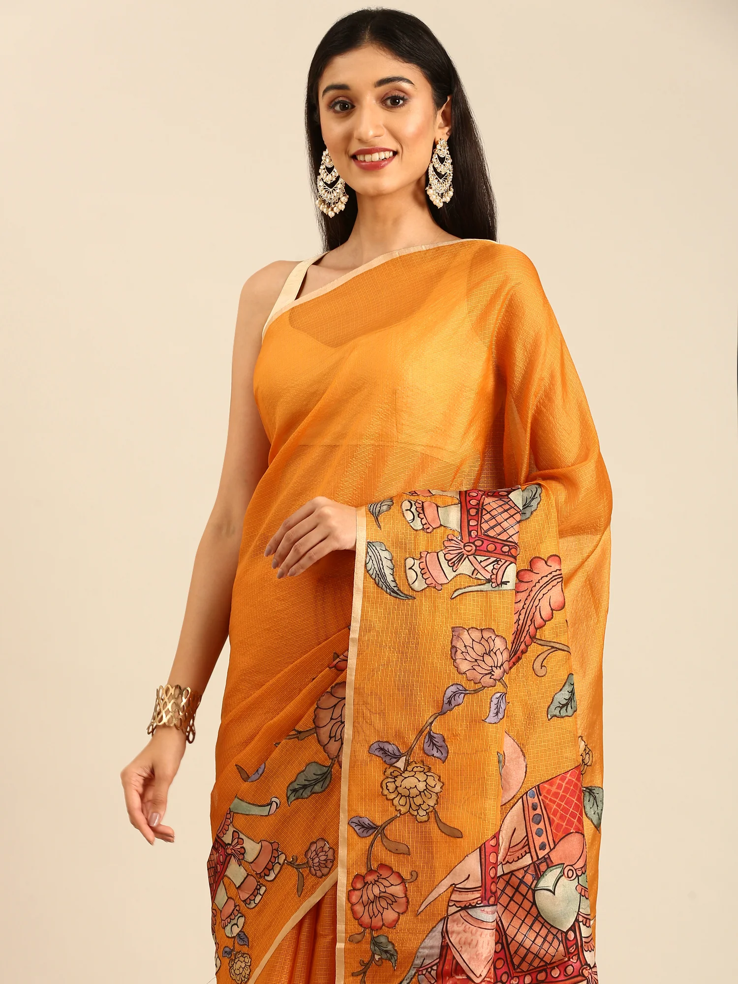 Mustard Kota Saree With Kalamkari Appliqué Work On Pallu - Image 2
