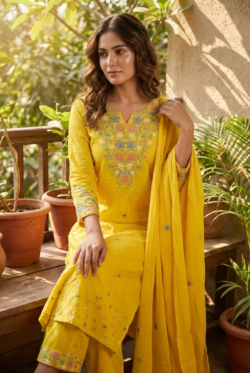 Mustard Linen Floral Hand Embroidery Three Piece Set - Image 2