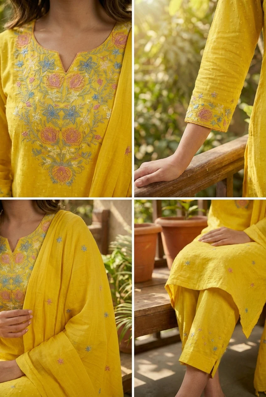 Mustard Linen Floral Hand Embroidery Three Piece Set - Image 4