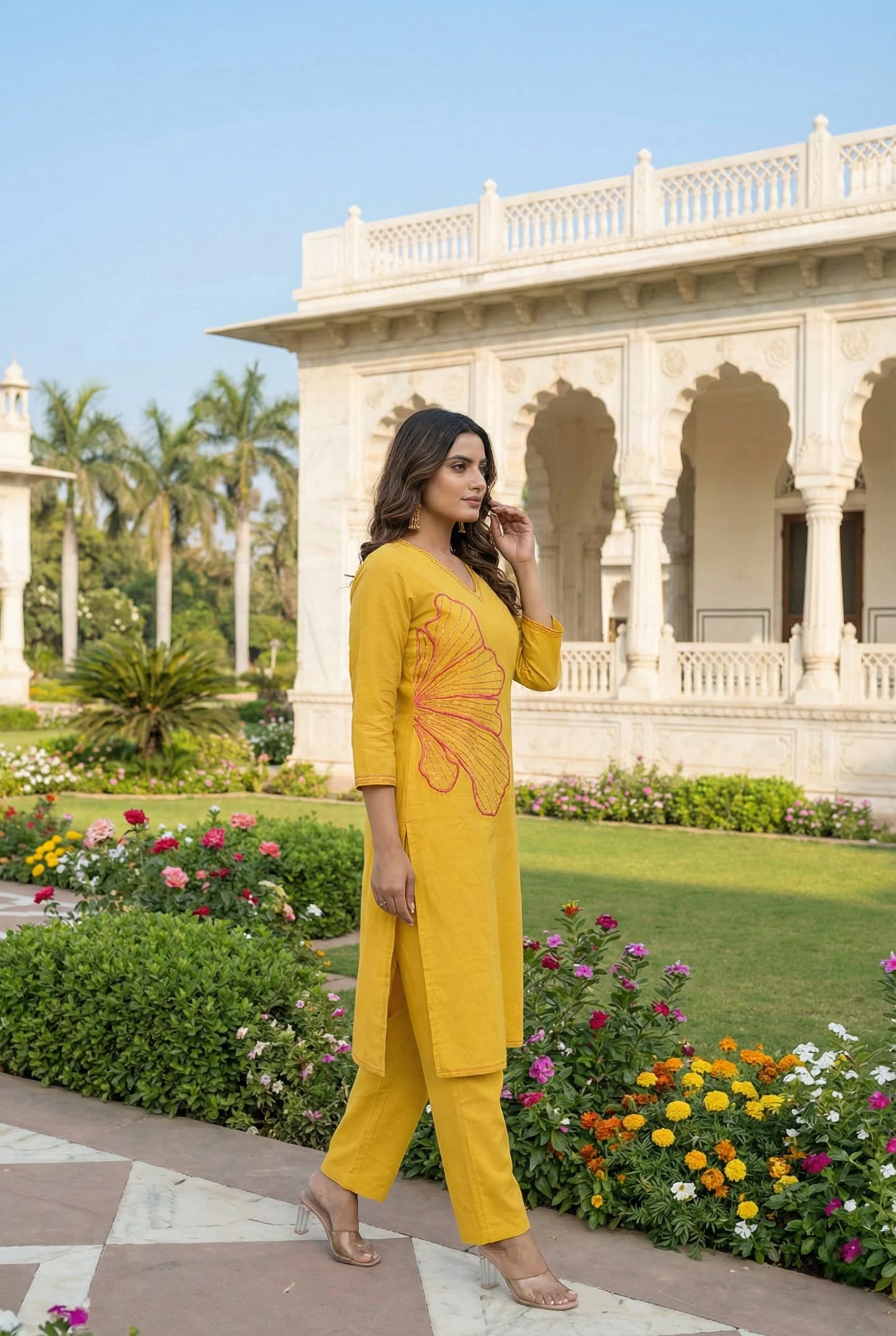 Mustard Linen Hand Embroidered Two Piece Set - Image 2