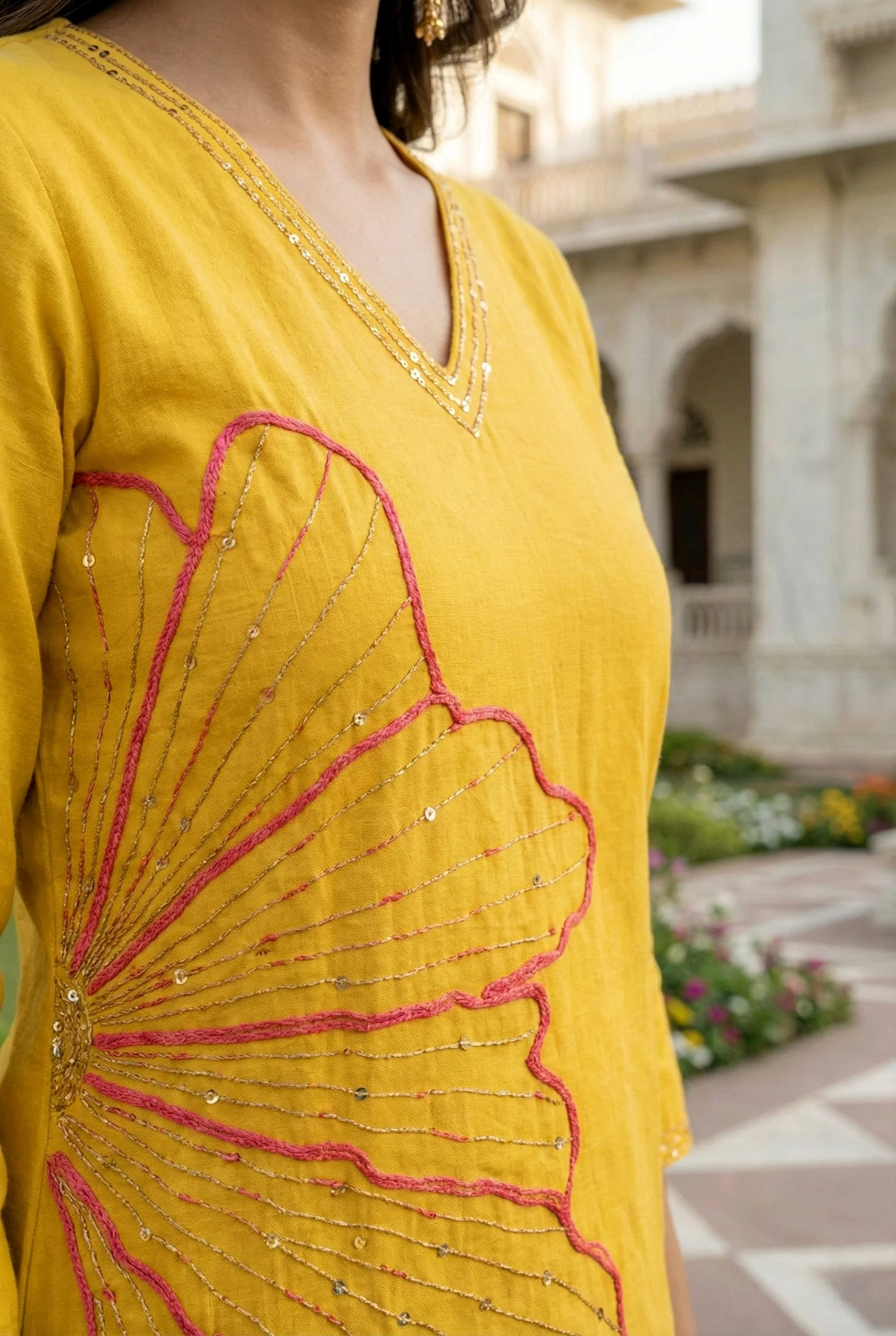 Mustard Linen Hand Embroidered Two Piece Set - Image 4
