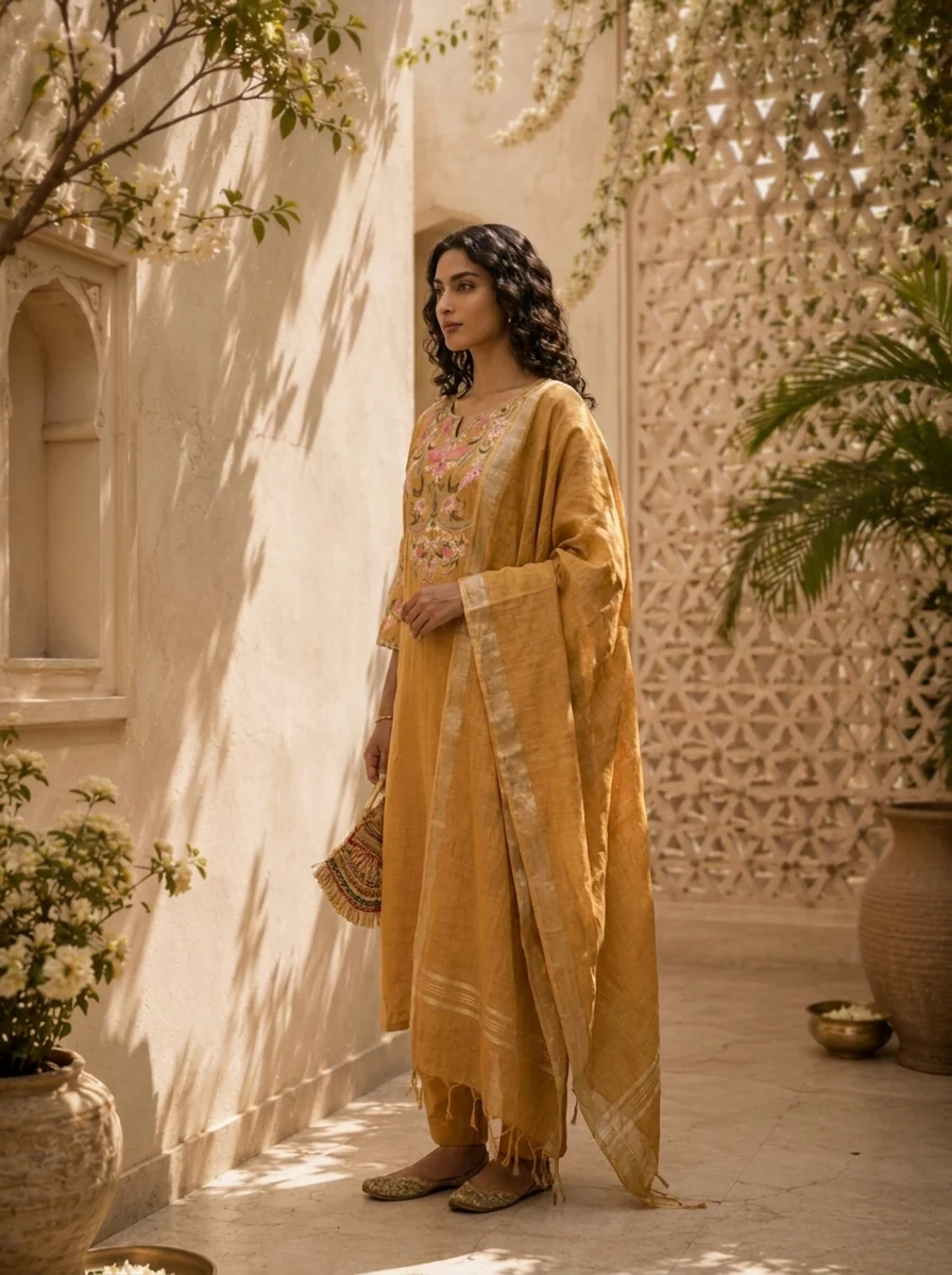 Mustard Linen Solid Design And Floral Thread Embroidered Three Piece Set - Image 4