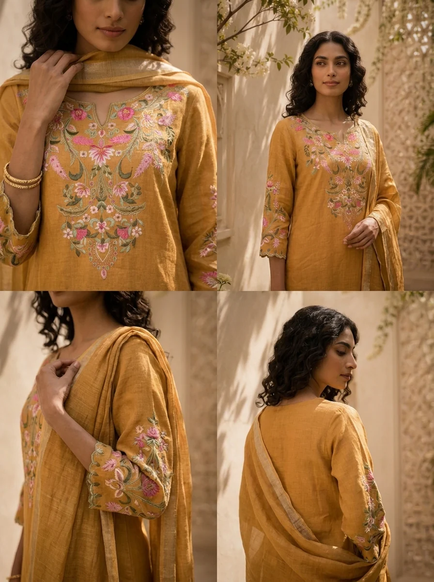 Mustard Linen Solid Design And Floral Thread Embroidered Three Piece Set - Image 6