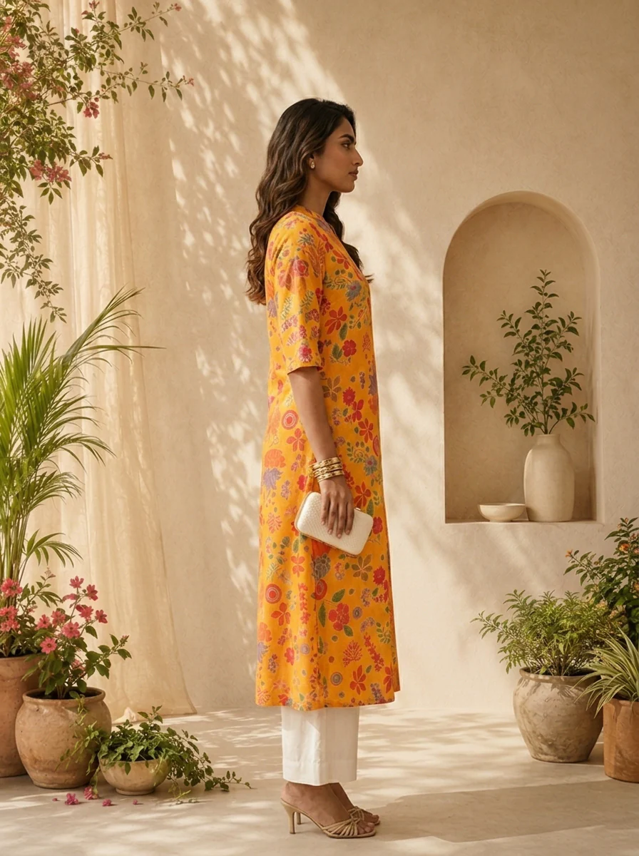 Mustard Modal Printed A-Line Kurta - Image 4