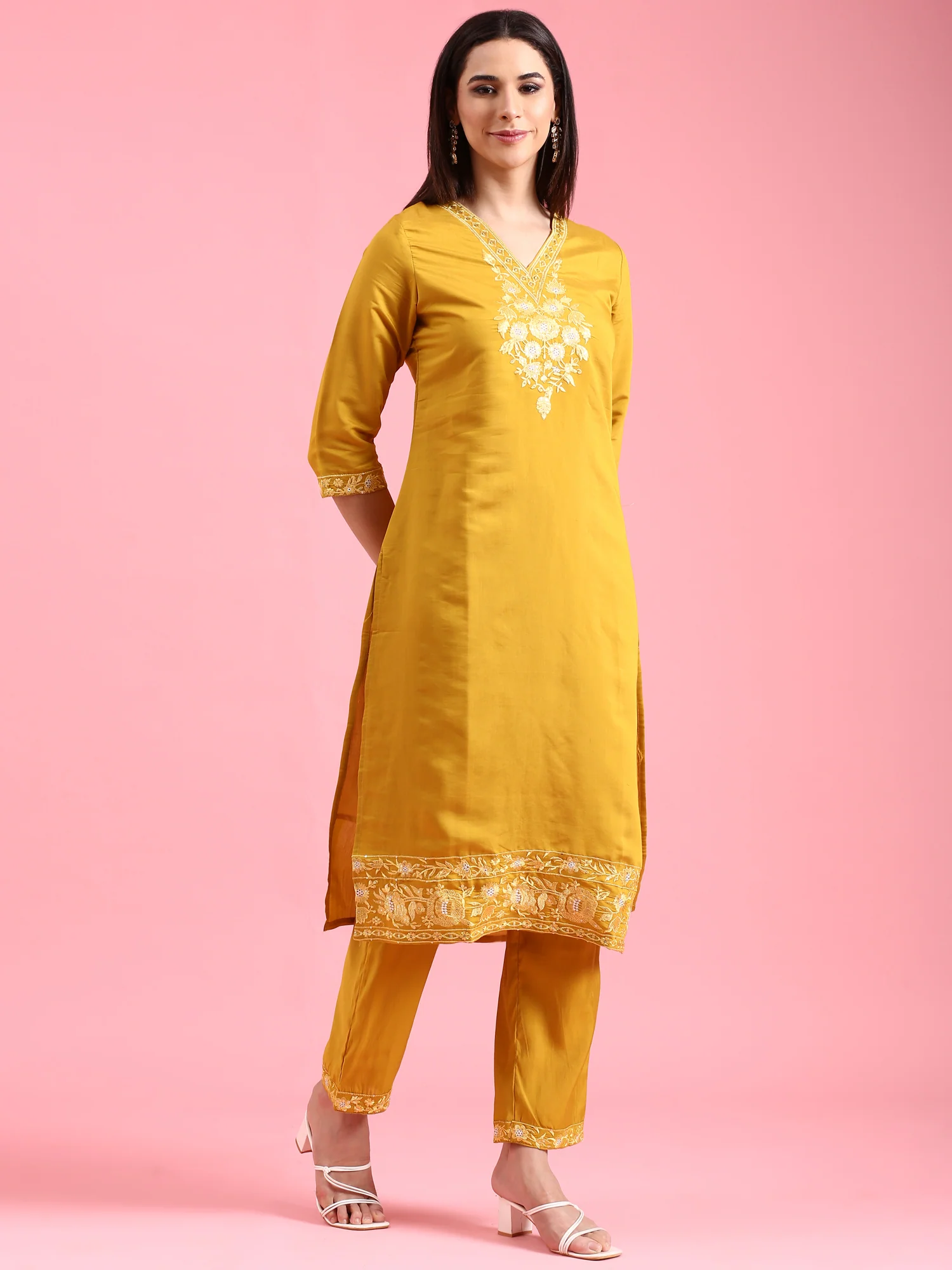 Mustard Modal Silk Embroidery Three Piece Suit Set - Image 2