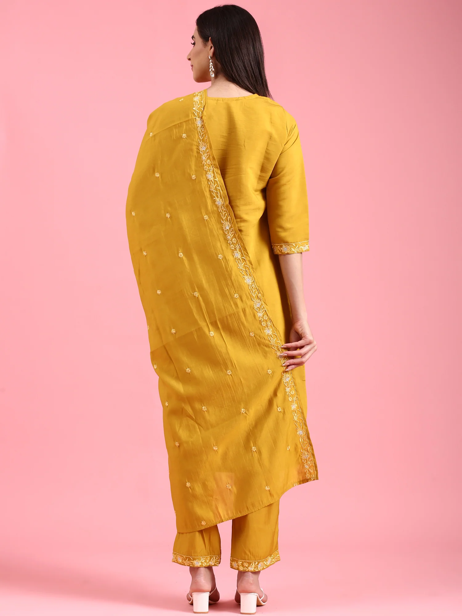 Mustard Modal Silk Embroidery Three Piece Suit Set - Image 3