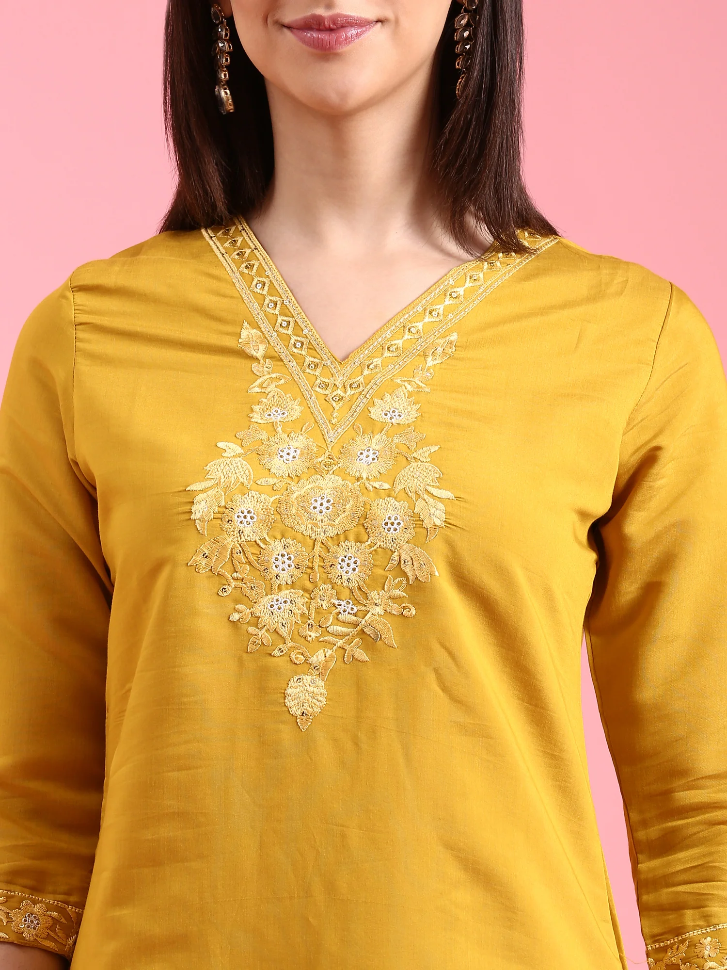 Mustard Modal Silk Embroidery Three Piece Suit Set - Image 4