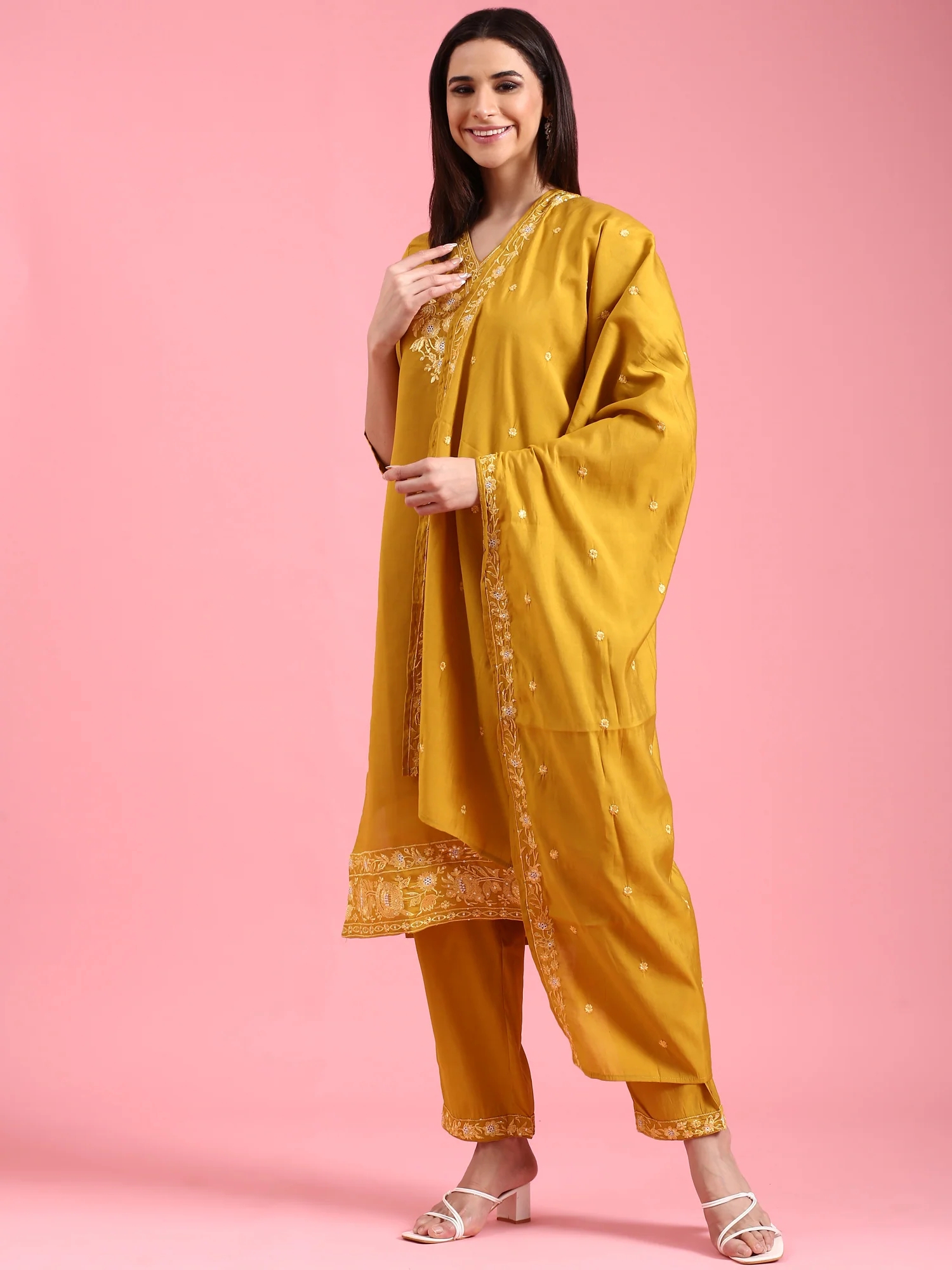 Mustard Modal Silk Embroidery Three Piece Suit Set - Image 5