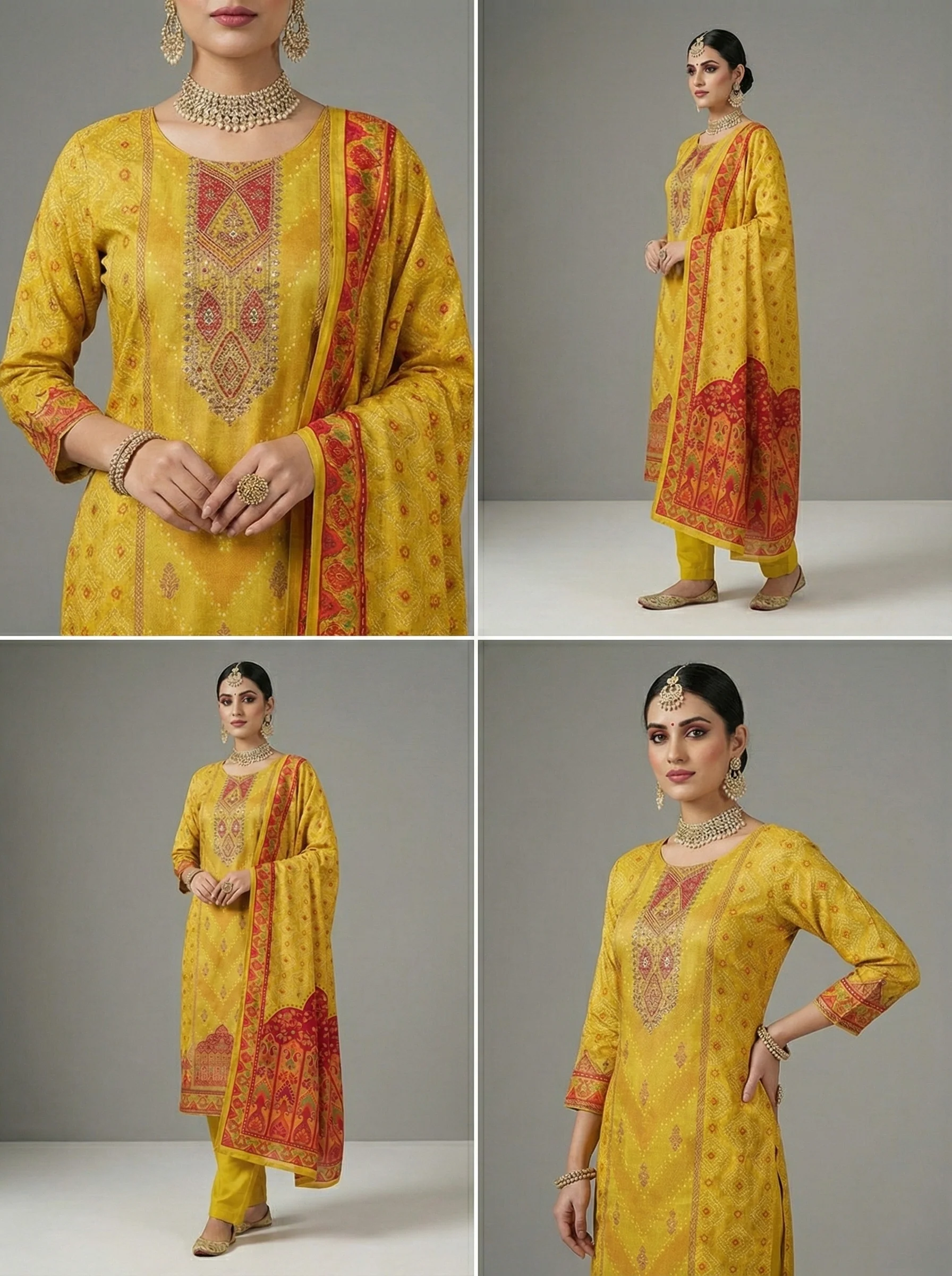 Mustard Muslin Digital Print Three Piece Set - Image 3
