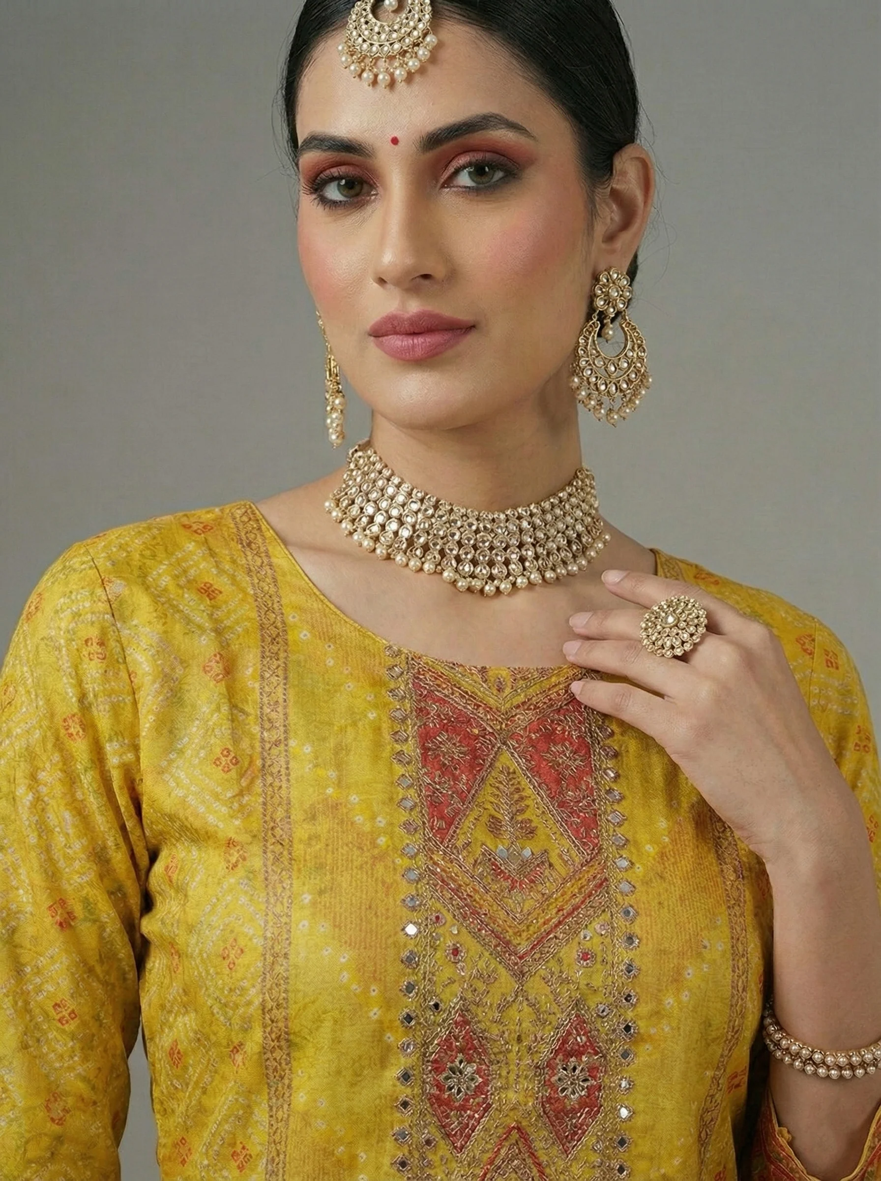 Mustard Muslin Digital Print Three Piece Set - Image 4