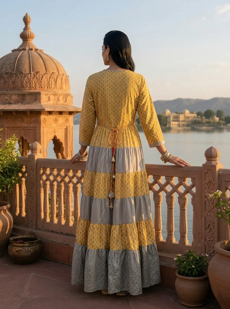 Mustard Muslin Floral Buti Printed Long Dress - Image 2