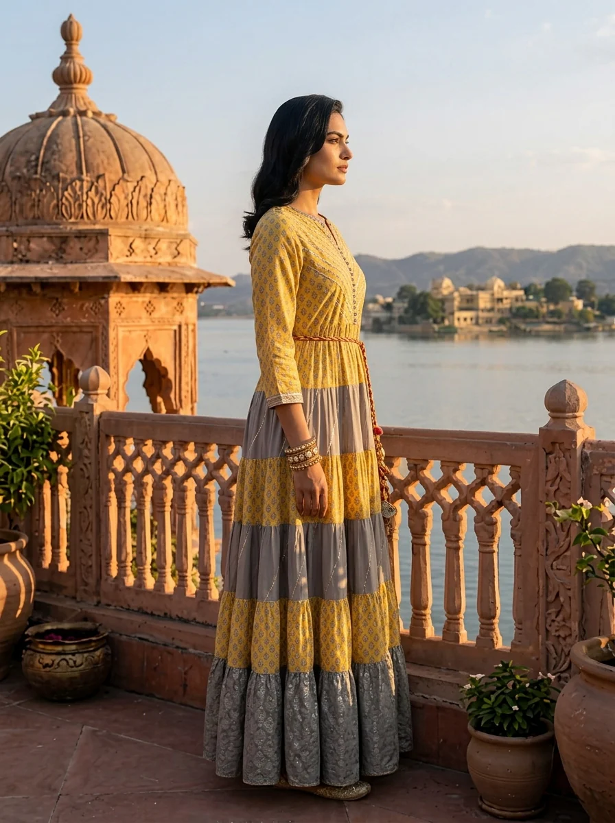 Mustard Muslin Floral Buti Printed Long Dress - Image 3