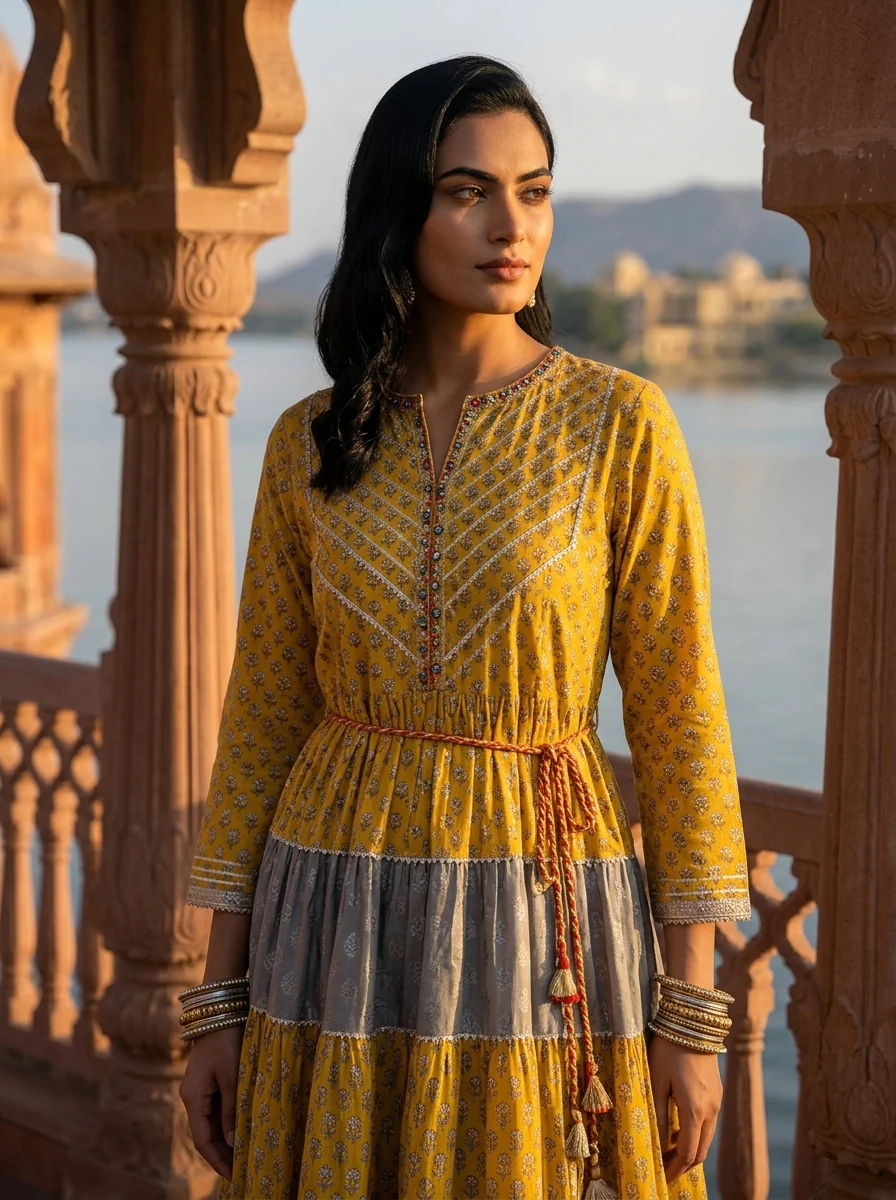 Mustard Muslin Floral Buti Printed Long Dress - Image 4