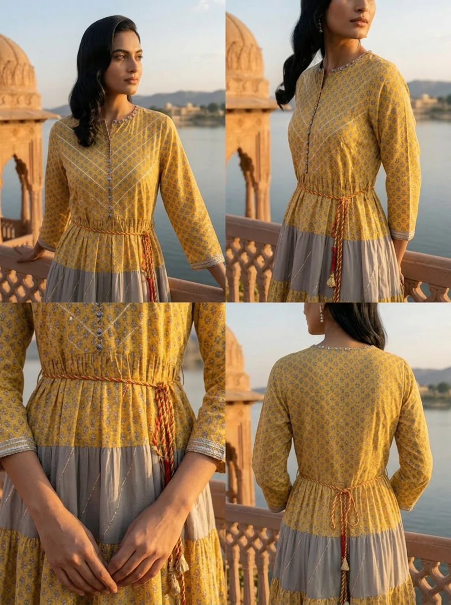 Mustard Muslin Floral Buti Printed Long Dress - Image 5