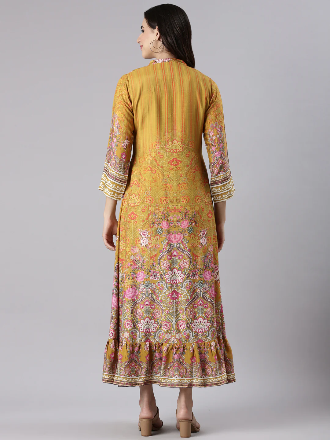 Mustard Muslin Long Anarkali Gown - Image 3