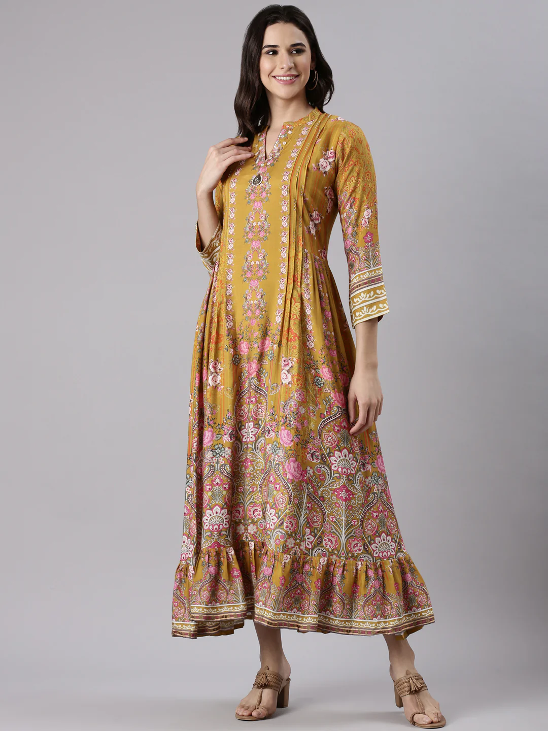 Mustard Muslin Long Anarkali Gown - Image 5