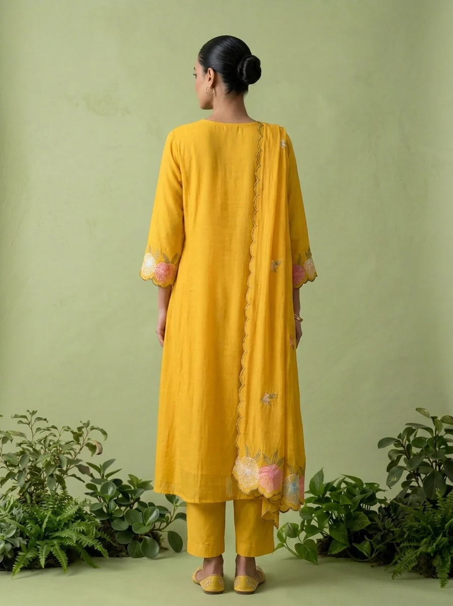 Mustard Muslin Pleated And Floral Thread Embroidery Three Piece Set - Image 2